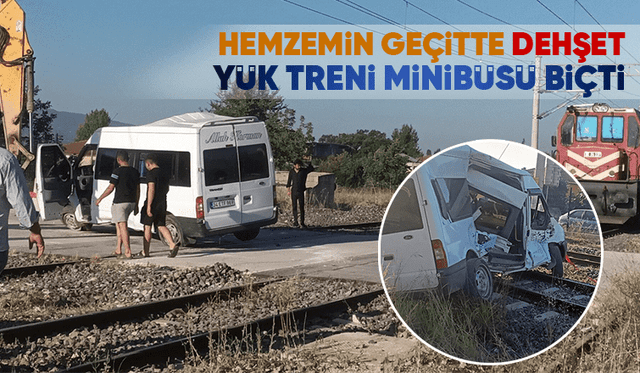 Yük treni minibüsü metrelerce sürükledi
