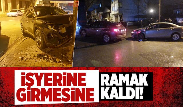 Kaza yapan otomobil az kalsın iş yerine giriyordu
