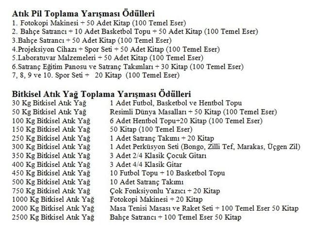 Ödüllü atık pil ve yağ toplama yarışması