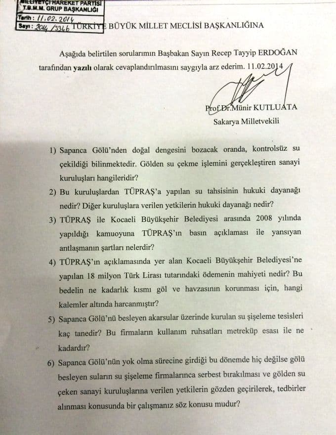 Münir Kutluata, Başbakan Erdoğan'a Sapanca Gölü'nü sordu