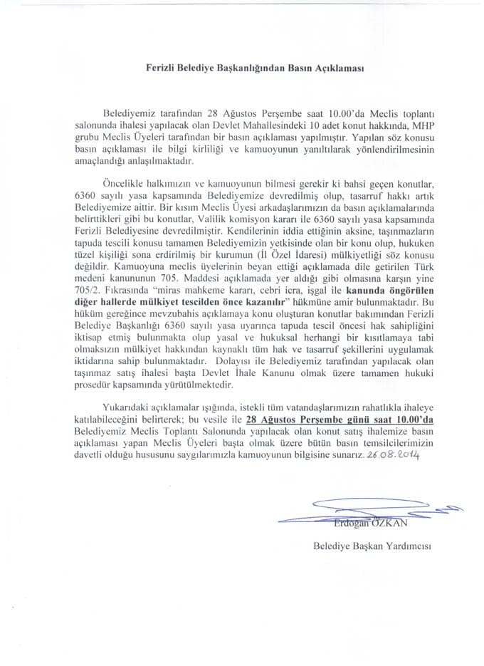 Ferizli Belediyesi'nden basın açıklaması