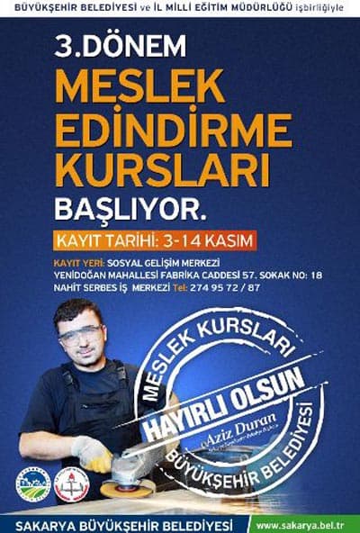 <p><font face="arial,helvetica,sans-serif" size="2">Ger&ccedil;ekleştirilecek olan kurslara katılmak isteyenler B&uuml;y&uuml;kşehir Belediyesi Sosyal Gelişim Merkezi'ne başvurmaları gerekiyor. Kurslar, Anadolu Teknik Lise ve End&uuml;stri Meslek Lisesi, Fatih Anadolu Teknik Lise ve End&uuml;stri Meslek Lisesi ve Mesleki Eğitim M&uuml;d&uuml;rl&uuml;ğ&uuml;'nde verilecek. Kursları başarı ile tamamlayanlara MEB onaylı sertifika verilecek. Kursların ileri seviyedeki bilgisayar kurslarına, bilgisayar işletmenliği sertifikası olanlar başvurabilecek. 35 yaşın &uuml;zerindekiler ise kurslara başvuramayacak. Ayrıca kurslara katılmak isteyen adaylar sadece bir kursa katılabilecek. <font color="#333399"><strong>Kurslara başvurular 14 Kasım'da sona erecek. Kursları 17 Kasım 2008 tarihinde başlayacak.</strong></font> </font></p><p><font size="2"><font face="arial,helvetica,sans-serif"><strong>30 ayrı dalda a&ccedil;ılacak kurslar ş&ouml;yle:</strong> Bilgisayar İşletmenliği Kursu (Windows, Word, Excel), Web Tasarım Kursu (Dreamweaver), Web Tasarım Kursu (Photoshop), Web Tasarım Kursu (Frontpage), Bilgisayar Bakım ve Onarım, Temel Kaynak&ccedil;ılık kursu, Gaz Altı Kaynak&ccedil;ılığı Kursu (MIG-MAG)-(TIG-WIG), Gaz Altı Kaynak&ccedil;ılığı Kursu (MIG-MAG), &Ccedil;elik Konstr&uuml;ksiyon Kursu, Elektrik Ark Kaynak&ccedil;ılığı Kursu, Autocad Kursu, Solidworks Kursu, Catia, CNC, Sac Metal Kalıp&ccedil;ılığı Tasarım Kursu, Bilgisayar Destekli Mobilya &Ccedil;izimi (Autocad ), Elektrik Tesisat&ccedil;ılığı Kursu, PIC Mikro Denetleyici Kursu, PLC Kursu Temel Seviye Kursu (Simens S7200), PLC Kursu İleri Seviye Kursu (Simens S7200), G&uuml;venlik Sistemleri Kursu, Otomasyon Sistemleri, End&uuml;striyel Bakım ve Onarım Kursu, Doğalgaz Tesisatı Bakım ve Onarım Kursu, Kalorifer Tesisatı Bakım ve Onarım Kursu, Soğutma Sistemleri, Sıhhi Tesisat Bakım ve Onarım Kursu, Motor Bakım ve Onarım Kursu, Motor Aktarma Organları Kursu, Oto Elektrik.</font></font></p>