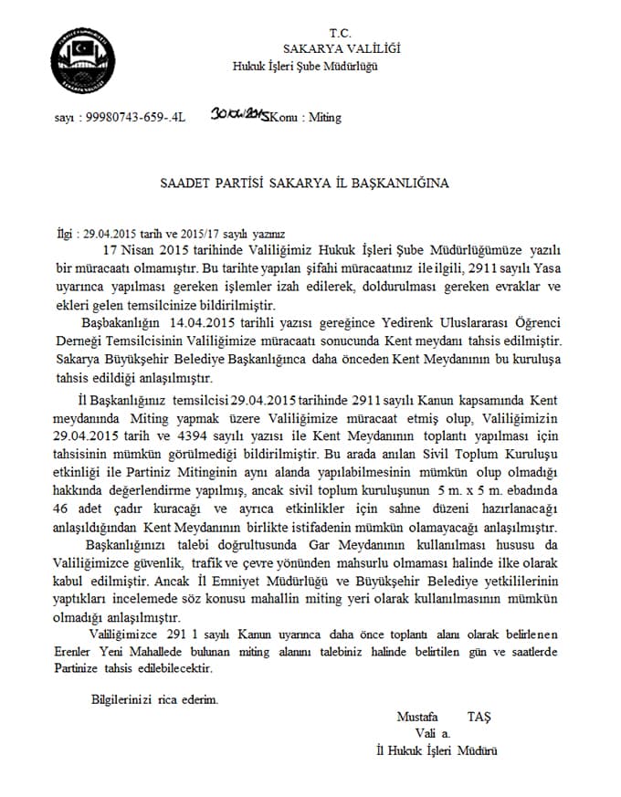 Valilikten Saadet Partisi'ne yazılı açıklama ile cevap