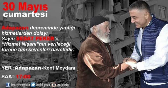 Sedat Peker'e Hizmet Nişanı Verme Töreni gerçekleştirilecek