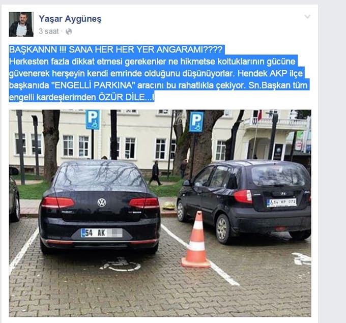 Engelli alanına park eden ilçe başkanına tepki!
