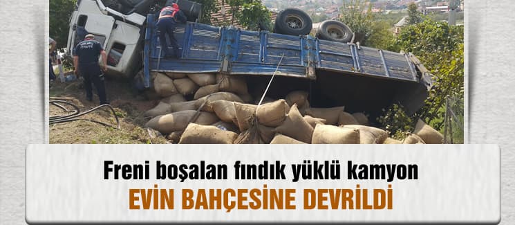 Fındık yüklü kamyon evin bahçesine devrildi