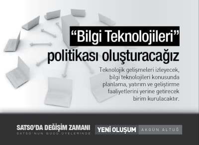 <p><font face="arial,helvetica,sans-serif" size="2"></font></p><font face="arial,helvetica,sans-serif" size="2"><p><font face="arial,helvetica,sans-serif" size="2"><strong>İşadamları İ&ccedil;in Vize Ofisi<br /><br /></strong>Avrupa Birliği &uuml;lkeleri ve konsolosluklarla g&ouml;r&uuml;şmeler&nbsp; yaparak&nbsp; işadamlarına vize kolaylığı başlatılmalıdır. Bu konuda&nbsp; işadamı veri tabanı oluşturulmalıdır.</font></p><p><font face="arial,helvetica,sans-serif" size="2">İnşaat sekt&ouml;r&uuml;nde belediye har&ccedil;ları d&uuml;ş&uuml;r&uuml;lmelidir. İnşaat sekt&ouml;r&uuml;n&uuml;n hız kazanması i&ccedil;in belediyelerce alınan har&ccedil;ların d&uuml;ş&uuml;r&uuml;lmesi y&ouml;n&uuml;nde &ccedil;alışma başlatılacaktır</font></p><p><font face="arial,helvetica,sans-serif" size="2">Şehrimizde kurulması d&uuml;ş&uuml;n&uuml;len &uuml;niversite Teknik &Uuml;niversite olmalıdır</font>&nbsp;</p></font><p><font face="arial,helvetica,sans-serif" size="2"><strong>S&uuml;s Bitkiciliği Fuar Alanı Oluşturulmalıdır</strong></font> </p><p><font face="arial,helvetica,sans-serif" size="2">&ldquo;Bilgi Teknolojileri&rdquo; politikası oluşturulmalı<br />Gerektiğinde&nbsp; bilgi teknolojileri konusunda planlama, yatırım ve geliştirme faaliyetlerini yerine getirecek&nbsp; birim oluşturacağız</font></p><p><font face="arial,helvetica,sans-serif" size="2">SATSO&rsquo;da evrak taleplerinde alınan &uuml;cret d&uuml;ş&uuml;r&uuml;lecektir!<br />Bu y&uuml;k &uuml;yelerimizin &uuml;zerinden alınmalıdır.</font></p><p><font face="arial,helvetica,sans-serif" size="2"><strong>İ&ccedil; Piyasayı Canlandıran SATSO</strong><br /><br />SATSO alışverişlerinde kendi &uuml;yelerini tercih etmelidir.</font></p><p><font face="arial,helvetica,sans-serif" size="2">Meslek grupları, yapılan itirazlar dikkate alınarak NACE standartlarına g&ouml;re yeniden d&uuml;zenlenmelidir</font></p><p><font face="arial,helvetica,sans-serif" size="2">SATSO &lsquo;da hukuk&nbsp; servisi a&ccedil;ılacaktır</font></p><p><font face="arial,helvetica,sans-serif" size="2">Tarım ve hayvancılık organize sanayi b&ouml;lgesi &ccedil;alışmasını hemen başlatacağız</font></p><p><font face="Arial" color="#000000"><font size="3"><strong>Akg&uuml;n Altuğ ile ilgili r&ouml;portaj i&ccedil;in </strong></font><a href="../../../others/fikir_kosesi_detay.php?id=85"><font size="3"><strong>tıklayın</strong></font></a><font size="3"><strong>.</strong></font></font></p>