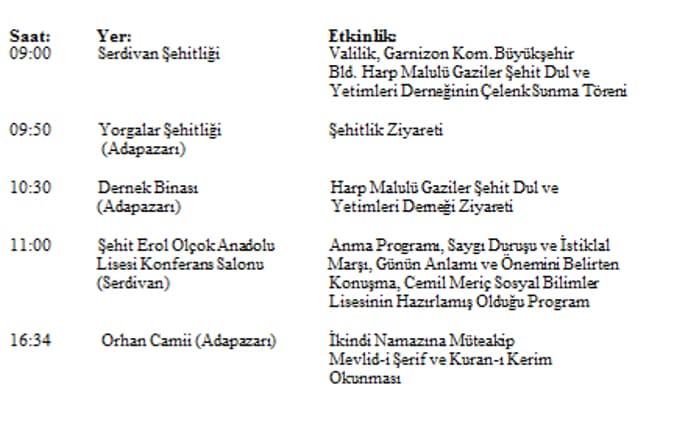 Sakarya'daki 18 Mart Şehitler Günü programı açıklandı