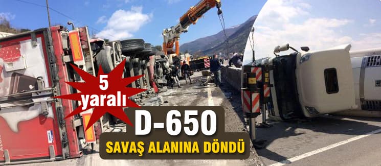 Beton bariyerleri aşan TIR devrildi: 5 yaralı