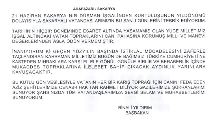 Cumhurbaşkanı ve Başbakan'dan Sakarya'ya mesaj