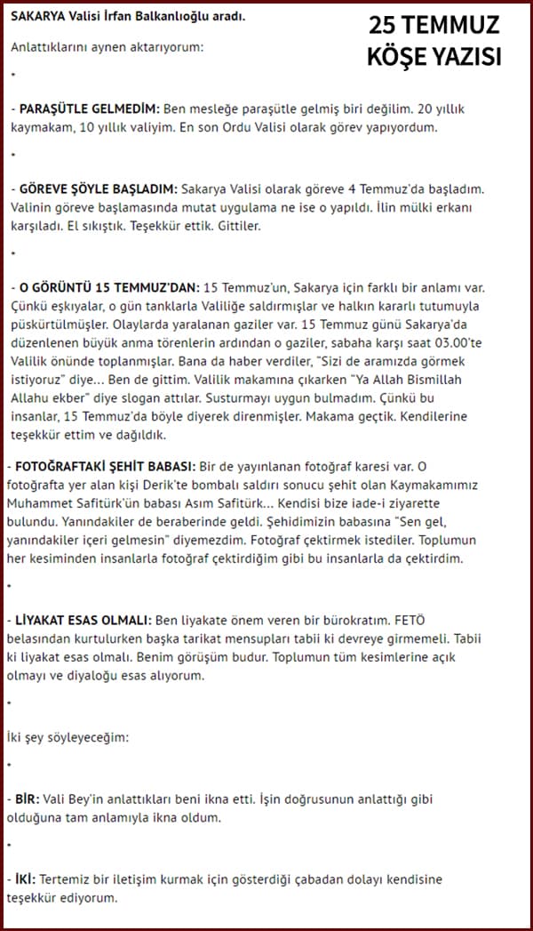 Sakarya Valisi, Köşe Yazarı Ahmet Hakan'ı aradı 