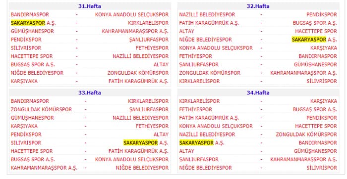 Sakaryaspor'un fikstürü belli oldu