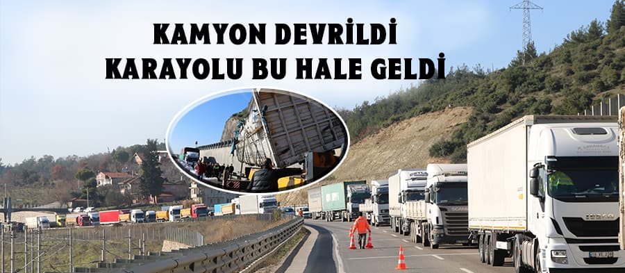Devrilen iplik yüklü kamyon karayolunu kapattı