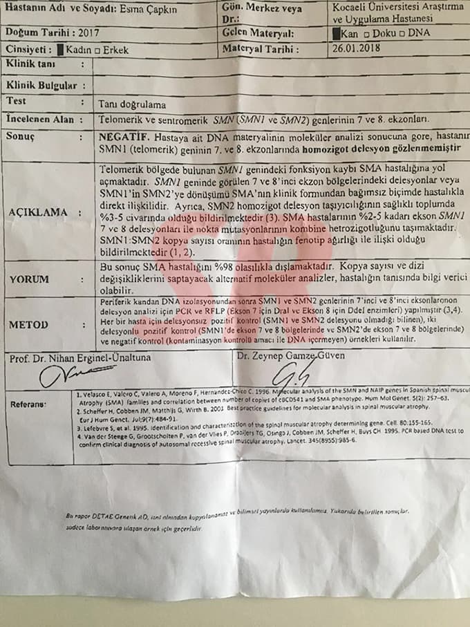 Eymen bebeğin kardeşinde SMA hastalığına rastlanmadı