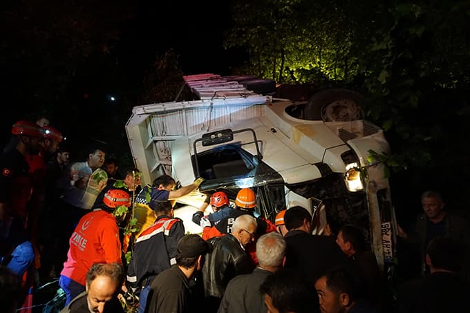 Tomruk yüklü kamyon şarampole uçtu