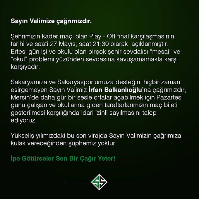 Taraftarlar "Pazartesi tatil olsun" diyor