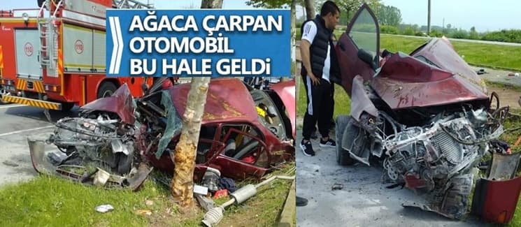 Ağaca çarpan otomobil bu hale geldi