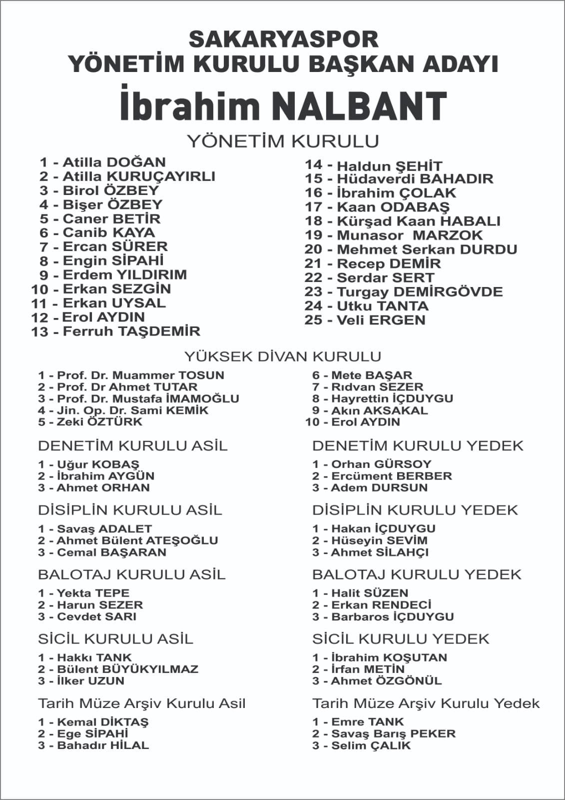 İşte İbrahim Nalbant'ın yönetim listesi 