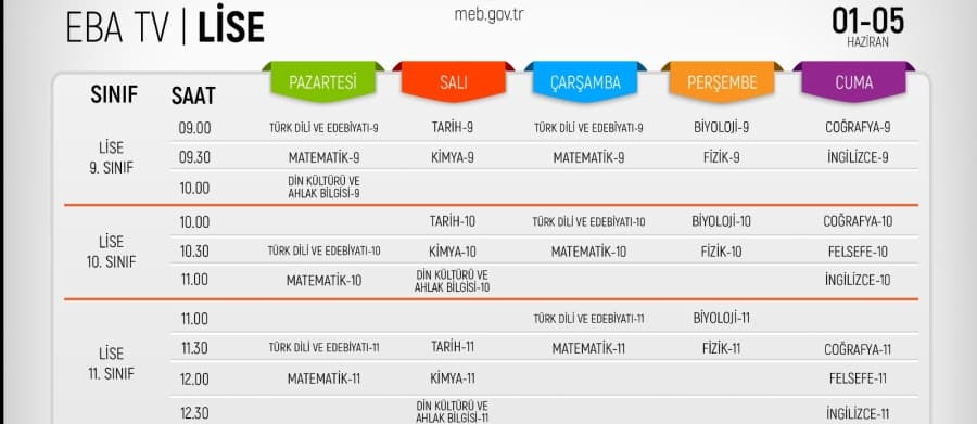 Sakarya Milli Eğitim Müdürlüğü (MEM) Eba tv ders programlarını yayınladı.