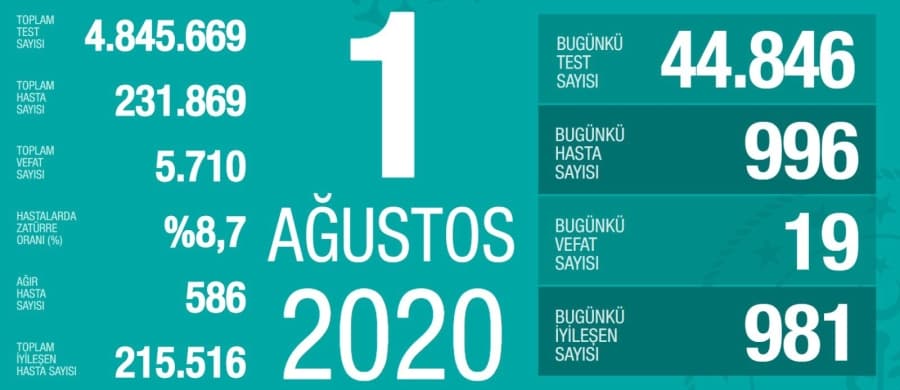 1 Ağustos korona verileri