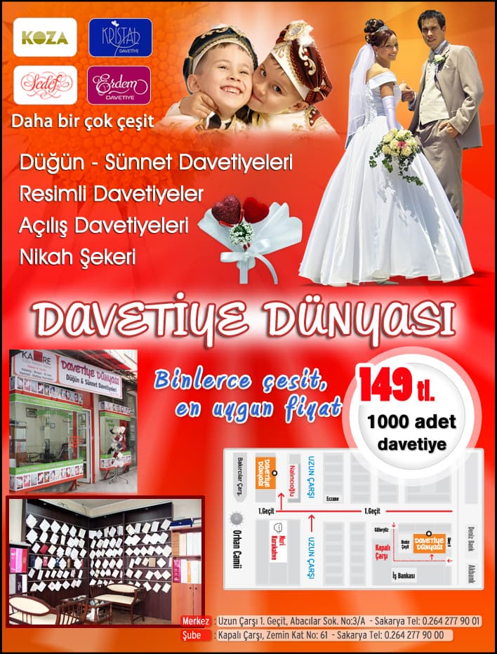 Resimli ve Özel DAVETİYE 1000 Adet + Zarf 149 TL