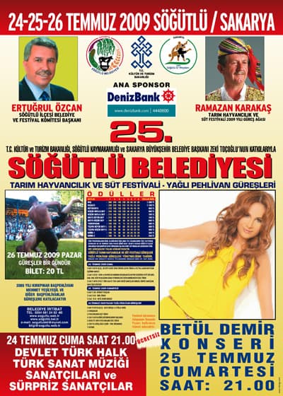 <p><font face="arial,helvetica,sans-serif" size="2"></font></p><p><font face="arial,helvetica,sans-serif" size="2" color="#333399"><strong>24 TEMMUZ 2009 CUMA:<br /></strong></font><font face="arial,helvetica,sans-serif" size="2"><strong>a)</strong> Saat 14.00'te a&ccedil;ılış, belediye hizmet binası &ouml;n&uuml;nde Atat&uuml;rk b&uuml;st&uuml;ne &ccedil;elenk konulması, saygı duruşu, İstiklal Marşımızın okunması ve festival alanına Mehteran eşliğinde hareket edilmesi,<br /></font><font face="arial,helvetica,sans-serif" size="2"><strong>b)</strong> Saat 14.30'da Tarım ve Hayvancılık hakkında konuşmalar ile hayvan sergisinde en iyi cins boğa, dana, inek, d&uuml;ve ve buzağının uzman veterinerlerce değerlendirilmesi ve &ouml;d&uuml;l t&ouml;reni,<br /></font><font face="arial,helvetica,sans-serif" size="2"><strong>c)</strong> Saat 21.00'de Devlet T&uuml;rk Halk ve T&uuml;rk Sanat M&uuml;ziği Sanat&ccedil;ıları Konseri ve S&uuml;rpriz Sanat&ccedil;ılar,<br /></font><font face="arial,helvetica,sans-serif" size="2"><strong>d)</strong> Havai Fişek G&ouml;sterisi.</font></p><p><font face="arial,helvetica,sans-serif" size="2" color="#333399"><strong>25 TEMMUZ 2009 CUMARTESİ:<br /></strong></font><font face="arial,helvetica,sans-serif" size="2"><strong>a)</strong> Saat 17.00-18.00'de Bisiklet Yarışları ve &ouml;d&uuml;l t&ouml;reni.<strong><br />b)</strong> Havai Fişek G&ouml;sterisi<br /></font><font face="arial,helvetica,sans-serif" size="2"><strong>c)</strong> Saat 21.00'de Bet&uuml;l DEMİR Konseri</font></p><p><font face="arial,helvetica,sans-serif" size="2" color="#333399"><strong>26 TEMMUZ 2009 PAZAR:<br /></strong></font><font face="arial,helvetica,sans-serif" size="2"><strong>YAĞLI PEHLİVAN G&Uuml;REŞLERİ</strong></font></p><p><font face="arial,helvetica,sans-serif" size="2"><strong>a)</strong> Saat 09.00'da A&ccedil;ılış, Saygı duruşu ve İstiklal Marşı ardından konuşmalar<br /><strong>c)</strong> Pehlivanların ge&ccedil;it t&ouml;reni<br /><strong>d)</strong> Saat 10.00'da G&uuml;reş M&uuml;sabakalarının başlaması<br /><strong>e)</strong> Dereceye giren pehlivanların &ouml;d&uuml;l t&ouml;reni<br /><strong>f)</strong> 2010 Yılı G&uuml;reş Ağası se&ccedil;imi, Final m&uuml;sabakası<br /><strong>g)</strong> Kapanış</font></p>
