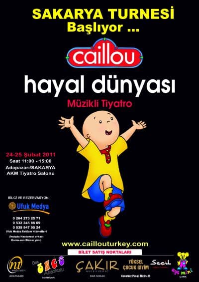 <p><font face="arial,helvetica,sans-serif" size="2">Sakarya&rsquo;daki organizasyon ayağı Ufuk Medya Reklam Ajansı tarafından organize edilecek olan tiyatro sahnesi, AKM Tiyatro Salonu'nda saat 24&ndash;25 Şubat'ta saat 11.00 - 13:30&nbsp; ve 16.00'te olmak &uuml;zere g&uuml;nde 3 seans olarak yapılacak. M&uuml;zikli tiyatro 40 dakika s&uuml;recek.</font></p><p><font face="arial,helvetica,sans-serif" size="2">Toplam 6 seansta g&ouml;sterilmesi planlanan Caillou'nun, Sakarya halkından gelen yoğun talebi karşılayabilmek i&ccedil;in seanları g&uuml;n ve seans bazında arttrıldı. 26 Şubat cumartesi g&uuml;n&uuml;ne &uuml;&ccedil; seans ilave edildi. Caillou, 26 Şubat'ta saat 10:00-12:00 ve 14:00'da sahnelenecek.</font></p><p><font face="arial,helvetica,sans-serif" size="2"><strong>Seanslar</strong></font></p><p><font face="arial,helvetica,sans-serif" size="2">24-25 Şubat 2011: 11:00 - 13:30 - 15:00</font></p><p><font face="arial,helvetica,sans-serif" size="2"> 26 Şubat 2011: 10:00 - 12:00 - 14:00</font></p><p><font face="arial,helvetica,sans-serif" size="2"><strong>Caillou M&uuml;zikli Tiyatro</strong></font></p><p><font face="arial,helvetica,sans-serif" size="2">Caillou &ccedil;izgi filminin orijinaline sadık kalınarak yapılan 40 dakikalık m&uuml;zikal ve playback tiyatro g&ouml;sterisidir. Sahnede Caillou, Annesi, Babası, Dedesi kost&uuml;ml&uuml; karakter olarak yer alır. Gilberf ise kukla karakterdir.<br /><strong><br />Neden Caillou</strong><br /><br />Caillou ailesi ve arkadaşlarıyla birlikte yaşadığı olaylara<font color="#333399"> &ldquo;Aile bağlarını g&uuml;&ccedil;lendiren&rdquo;</font> bir dizi. Caillou; sanki anaokulundaki en iyi dostu &ccedil;ocuğun. Tam kendileri gibi, meraklı, saygılı, sevgi dolu. Caillou; b&uuml;y&uuml;klerini dinleyerek daha eğlenceli şeyler yapan bir &ccedil;ocuk. Sevmediklerini sevme yolunu bulan, diğerlerine yardım eden, birlikte yapılan işlerden neşelenen &ccedil;ok eğlenceli bir dost.<br /><br /><strong>Caillou iyiliği hatırlatır</strong><br /><br />&Ccedil;atışan, gergin &ccedil;ocuklar oluşturulan şiddetli filmlere karşı <font color="#333399">&ldquo;Tam bir ila&ccedil; Caillou&rdquo;</font>. &Ccedil;ocuk dilinin sevgi dili olduğunu &ouml;ğreten bir mutluluk dizisi. D&uuml;şt&uuml;ğ&uuml; dizleri yaralanan Caillou&rsquo;yu &ccedil;ocuk&ccedil;a oyunlarla ve şefkatle avutan annesi, eve yeni gelen <font color="#333399">&ldquo;Bebek kardeşini&rdquo;</font> nasıl sevebileceğini g&ouml;steren babası, okuldaki kuralların aslında kolay olduğunu anlatan arkadaşı Sera &hellip; <font color="#333399">&ldquo;Herkese iyiliğe sahip &ccedil;ıkalım&rdquo;</font> dedirtiyor. Caillou &Ccedil;izgi dizisi, ebeveylere &ccedil;ocuk dilini hatırlatıp; ninelere dedelere torunları ile <font color="#333399">&ldquo;Sağlıklı iletişim kurmanın ve kaliteli zaman ge&ccedil;irmenin&rdquo;</font> ipu&ccedil;larını veriyor.<br /><br /><strong>Bilgi ve Rezervasyon i&ccedil;in:<br /><br /></strong></font><font face="arial,helvetica,sans-serif" size="2">0 264 2732571<br />0 532 3458669<br />0 535 5479524</font></p>