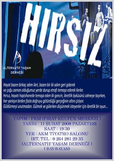 <font size="2"><font face="verdana,geneva"><strong><br /><br />OYUNUN K&Uuml;NYESİ<br /><br />YAPIM</strong>: FIRAT K&Uuml;LT&Uuml;R MERKEZİ<br /><strong>YAZANLAR</strong>: M. ALP ARSLAN, ERDEM BAKİ, RAMİZ &Ccedil;ETİNT&Uuml;RK<br /><strong>Y&Ouml;NETEN</strong>: BİRG&Uuml;L ULUSOY<br /><strong>SES-IŞIK</strong>: MUSTAFA E. AKAYDIN<br /><strong>DEKOR</strong>: MEHMET KAPLAN</font></font> <p><br /><font size="2"><font face="verdana,geneva"><strong>OYUNCULAR</strong><br /><br /><font color="#993300">Selim:</font> SAMET TEREKLİ<br /><font color="#993300">Nihat:</font> ERKAN FIRAT<br /><font color="#993300">Komiser Ertuğrul-Muhittin:</font> YAKUP G&Ouml;K&Ccedil;EN<br /><font color="#993300">Aykut:</font> CEYHUN G&Uuml;NEŞ<br /><font color="#993300">Nihan-Orhan&rsquo;ın Karısı:</font> FİLİZ KURT<br /><font color="#993300">Mağdure İpek:</font> FATMA TUBA SALGIN<br /><font color="#993300">Asım Polis 1-ALPARSLAN:</font> ALİ ERKUT TAŞ<br /><font color="#993300">Berhan Polis 2:</font> FATİH KURT<br /><font color="#993300">Ev Sahibi-Mc Gayver:</font> SABRİ KARAN<br /><font color="#993300">Orhan:</font> G&Ouml;RKEM T&Uuml;RKEŞ</font></font></p><p><font size="2"><font face="verdana,geneva"><strong>Yapım&nbsp;</strong>&nbsp;&nbsp;</font><font face="verdana,geneva"><strong> FKM (FIRAT K&Uuml;LT&Uuml;R MERKEZİ )<br />Tarih</strong>&nbsp;&nbsp;&nbsp;&nbsp;</font><font face="verdana,geneva"><strong><font color="#993300"> 11 ŞUBAT 2008 PAZARTESİ<br /></font>Saat</strong>&nbsp;&nbsp;&nbsp;&nbsp; </font><font face="verdana,geneva"><strong>&nbsp;19:30<br />Yer</strong>&nbsp;&nbsp;&nbsp;&nbsp;&nbsp;&nbsp;</font><font face="verdana,geneva"><font color="#993300"><strong>&nbsp; AKM TİYATRO SALONU <font color="#000000">Adapazarı</font></strong><br /></font><strong>İrtibat</strong>&nbsp;&nbsp;&nbsp;</font><font face="verdana,geneva"><strong> 0 264 2812935 <br /></strong><br /><strong><a href="../../../others/firma.php?xnumber1=622">ALTERNATİF YAŞAM DERNEĞİ</a></strong>&nbsp;</font></font></p><p><font size="2"><br /></font><font face="verdana,geneva">&nbsp;</font></p>