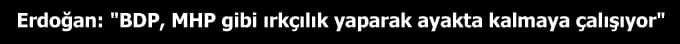 <p><font face="arial,helvetica,sans-serif" size="2"><strong>Başbakan Recep Tayyip Erdoğan, BDP'nin de tıpkı MHP gibi, ırk kavramını, millet kavramını istismar ederek ayakta kalmaya &ccedil;alıştığını s&ouml;yledi.</strong><br /></font></p><font face="arial,helvetica,sans-serif" size="2">Otob&uuml;sle il kongresinin yapılacağı Atat&uuml;rk Spor Salonu'na giden Erdoğan, yol &uuml;zerinde &ccedil;ocuklara bol bol oyuncak dağıttı. Başbakan Erdoğan'ın ge&ccedil;iş g&uuml;zergahında &ccedil;ok sıkı g&uuml;venlik &ouml;nlemleri alındığı, b&ouml;lgesi polis helikopterinin de havadan kontrol ettiği g&ouml;r&uuml;ld&uuml;.<br /><font size="3"><strong><br />Coşku ile karşılandı</strong></font><br /><br />Başbakan Recep Tayyip Erdoğan, partisinin Sakarya 4. Olagan İl Kongresinde yaptığı konuşmada MHPve BDP'ye y&uuml;klenerek &quot;T&uuml;rkiyede stat&uuml;koyu savunan parti malesef bir tane değil. BDP'de MHP gibi ırk ve millet kavramını istismar ederek ayakta kalmaya &ccedil;alışıyor. Şiddet ve siyaset asla ve asla yanyana olamaz. Şiddetin olduğu yerde siyaset yoktur siyasetin olduğu yerde de şiddet yoktur&quot; dedi.<br /><br />Başbakan Recep Tayyip Erdoğan, partisinin Atat&uuml;rk Spor Salonu&rsquo;nda yapılan 4&rsquo;&uuml;nc&uuml; Olağan Sakarya İl Kongresi&rsquo;ne katıldı. Başbakan Erdoğan, eşi Emine Erdoğan ile birlikte salona girişinde b&uuml;y&uuml;k coşkuyla karşılandı.<br /></font>