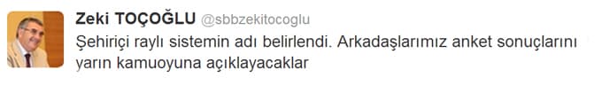 Şehirçi raylı sistemin adı yarın açıklanacak!